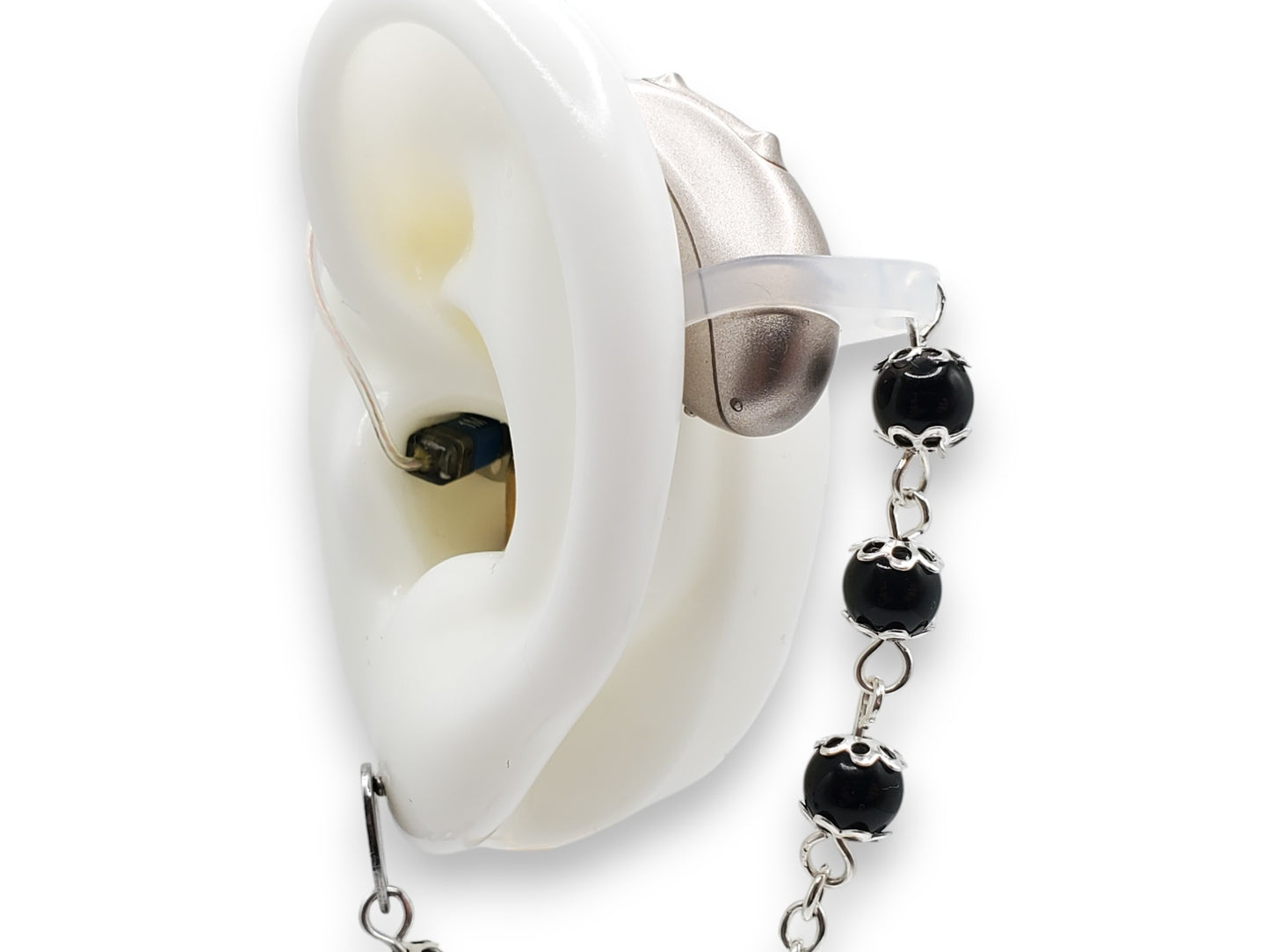 Black Glass Pearl Chain EarLinks - Hearing Aids