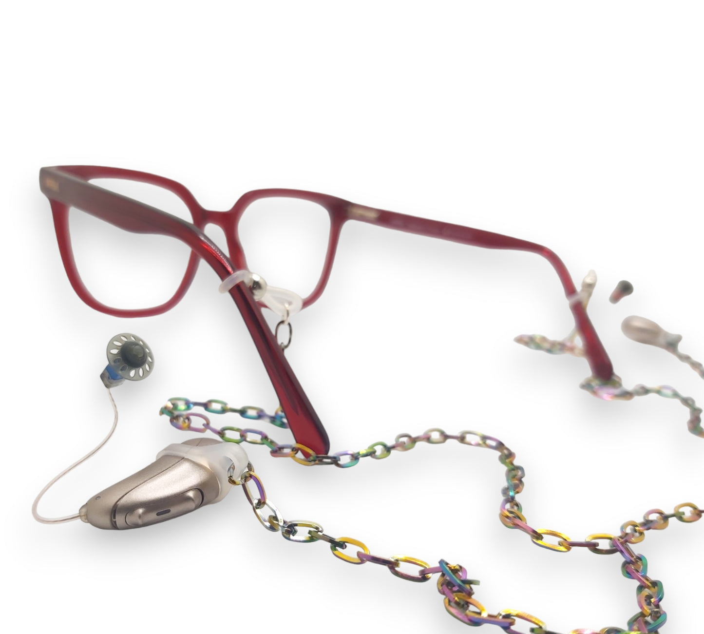 Chaîne de lunettes arc-en-ciel pour boucles et aides auditives