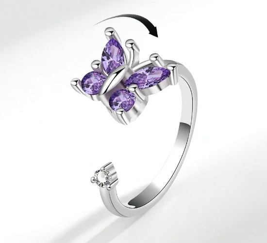 Bague tournante papillon en zircone violette
